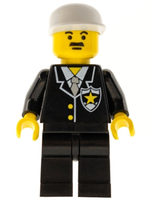 Preowned LEGO® Minifigure – Town cop051 Police Suit w/Sheriff Star Black Legs White Cap