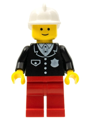 Preowned LEGO® Minifigure – Town cop052 Police Suit w/4 Buttons Red Legs White Fire Helmet