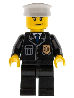 Preowned LEGO® Minifigure – Town cty0008 Police City Suit w/Blue Tie and Badge Black Legs S