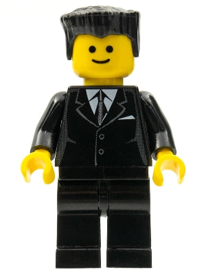 Preowned LEGO® Minifigure – Town cty0038 Suit Black Black Flat Top Hair Standard Grin