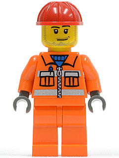 Preowned LEGO® Minifigure – Town cty0113 Construction Worker Orange Zipper Safety Stripes O