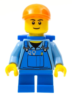Preowned LEGO® Minifigure – Town cty0214a Overalls w/Tools in Pocket Blue Orange Short Bill
