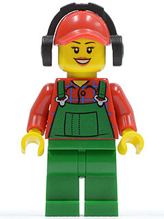 Preowned LEGO® Minifigure – Town cty0399 Overalls Farmer Green Red Cap w/Hole Headphones