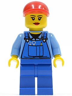 Preowned LEGO® Minifigure – Town cty0402 Overalls w/Tools in Pocket Blue Red Short Bill Cap