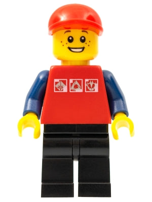Preowned LEGO® Minifigure – Town cty0447 Red Shirt w/3 Silver Logos Dark Blue Arms Black Le