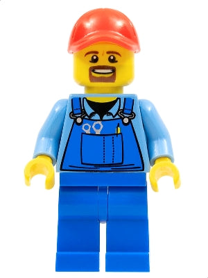 Preowned LEGO® Minifigure – Town cty0570 Overalls w/Tools in Pocket Blue Red Cap w/Hole Bro