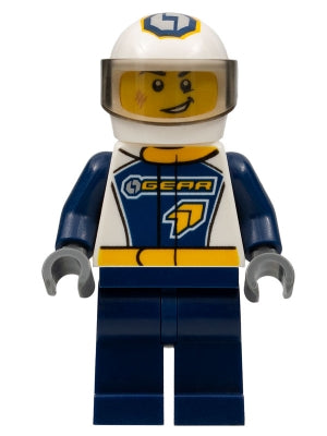 Preowned LEGO® Minifigure – Town cty0749 Dragster Race Car Driver GEAR Logo