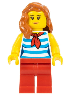 Preowned LEGO® Minifigure – Town cty0768 Beachgoer Female Dark Azure and White Striped Shir