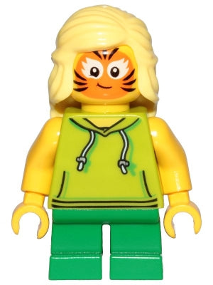 Preowned LEGO® Minifigure – Town cty1014 Girl Lime Hoodie Green Short Legs Orange Cat Face