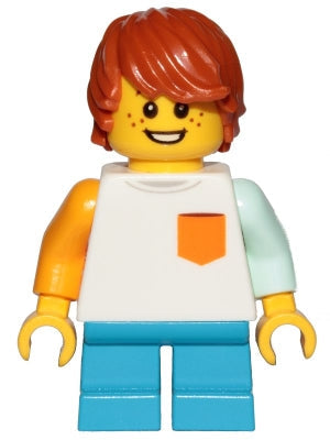 Preowned LEGO® Minifigure – Town cty1023 Boy Freckles White Shirt w/Orange Pocket Dark Azur