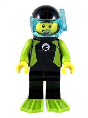 Preowned LEGO® Minifigure – Town cty1052 Diver Male Black Wetsuit w/White Logo and Lime Tri