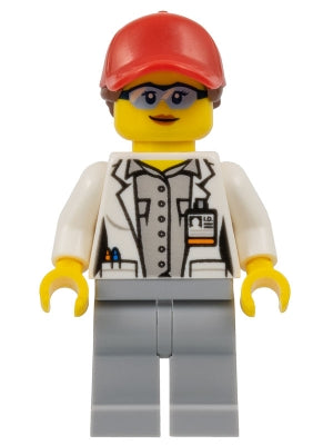 Preowned LEGO® Minifigure – Town cty1069 Scientist Female Red Cap w/Ponytail Hair Blue Gogg