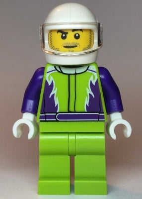 Preowned LEGO® Minifigure – Town cty1107 Monster Truck Driver Lime Legs and Jacket w/Purple