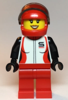 Preowned LEGO® Minifigure – Town cty1109 Race Car Driver Female Red and White Racing Jacket