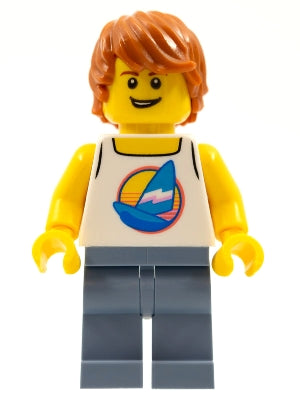 Preowned LEGO® Minifigure – Town cty1149 Surfer Male White Tank Top w/Dark Azure Sailboat S