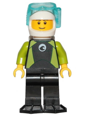 Preowned LEGO® Minifigure – Town cty1191 Diver Male Black Wetsuit w/White Logo and Lime Tri