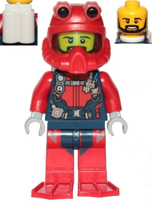 Preowned LEGO® Minifigure – Town cty1225 Scuba Diver Male Open Mouth Black Beard Red Helmet