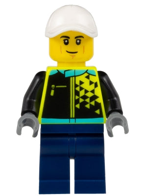 Preowned LEGO® Minifigure – Town cty1524 Sports Car Driver Male White Cap Neon Yellow Jacke