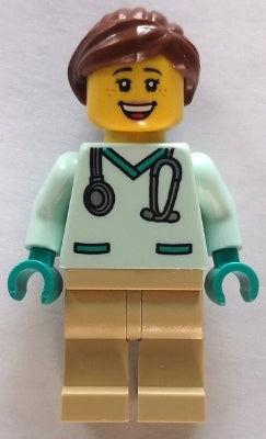 Preowned LEGO® Minifigure – Town cty1532 Veterinarian Female Light Aqua Scrubs Tan Legs Red