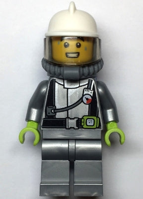 Preowned LEGO® Minifigure – Town cty1546 Fire Male Flat Silver Suit White Fire Helmet Trans