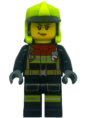 Preowned LEGO® Minifigure – Town cty1555 Fire Female Black Jacket and Legs w/Reflective Str