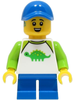 Preowned LEGO® Minifigure – Town cty1662 Boy White Dinosaur Shirt w/Lime Sleeves Blue Short