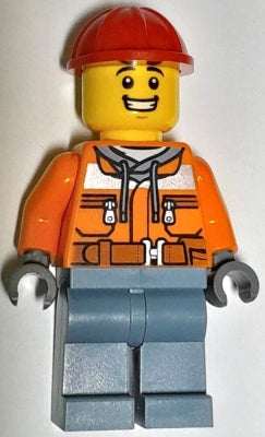Preowned LEGO® Minifigure – Town cty1691 Construction Worker - Male, Orange Safety Jacket, Reflective Stripe, Sand Blue H