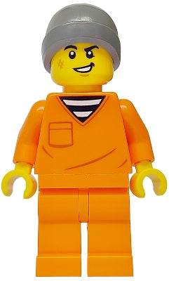 Preowned LEGO® Minifigure – Town cty1699 Police - City Jail Prisoner Male, Orange Prison Jumpsuit, Dark Bluish Gray Beani