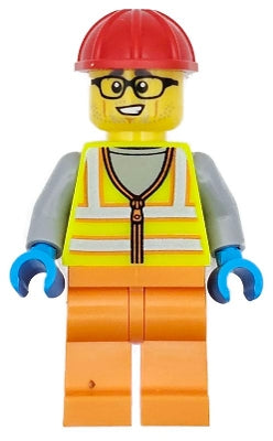 Preowned LEGO® Minifigure – Town cty1710 Construction Worker - Male, Neon Yellow Safety Vest, Orange Legs, Red Constructi