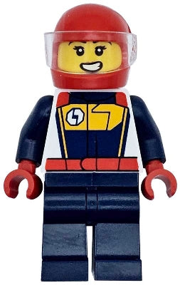 Preowned LEGO® Minifigure – Town cty1711 Race Car Driver - Female, White, Dark Blue and Bright Light Orange Racing Suit,