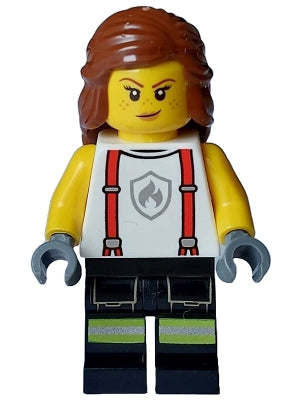 Preowned LEGO® Minifigure – Town cty1715 Fire - Female, White Shirt with Suspenders, Legs with Reflective Stripes, Reddis