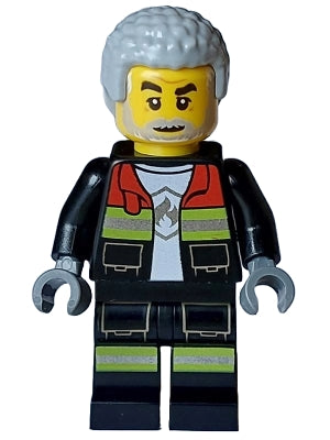 Preowned LEGO® Minifigure – Town cty1716 Fire - Male, Black Open Jacket and Legs with Reflective Stripes and Red Collar,