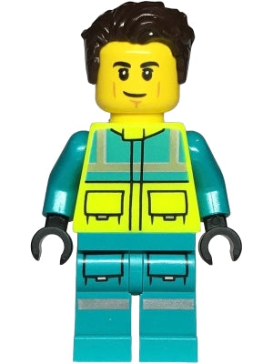 Preowned LEGO® Minifigure – Town cty1724 Paramedic - Male, Dark Turquoise and Neon Yellow Safety Vest, Legs with Silver R