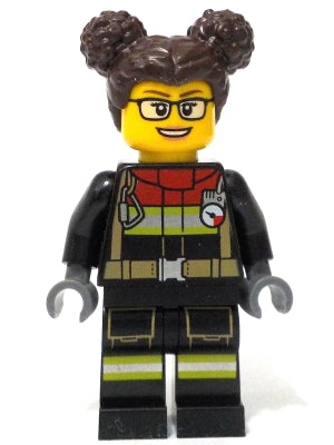 Preowned LEGO® Minifigure – Town cty1732 Fire - Female, Black Jacket and Legs with Reflective Stripes and Red Collar, Dar