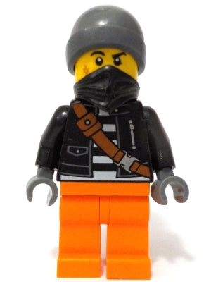 Preowned LEGO® Minifigure – Town cty1737 Police - City Bandit Crook Male, Black Jacket, Orange Legs, Dark Bluish Gray Bea