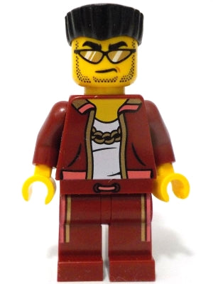 Preowned LEGO® Minifigure – Town cty1738 Police - City Bandit Crook Male, Dark Red Jacket and Legs, Black Flat Top Hair