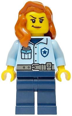 Preowned LEGO® Minifigure – Town cty1752 Police - City Officer Female, Bright Light Blue Shirt, Dark Blue Legs, Dark Oran