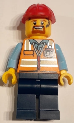 Preowned LEGO® Minifigure – Town cty1756 Construction Worker - Male, Orange Safety Vest with Reflective Stripes, Dark Blu