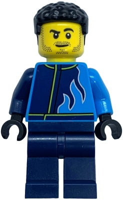 Preowned LEGO® Minifigure – Town cty1760 Monster Truck Driver - Male, Dark Azure and Dark Blue Racing Jacket with Flames,