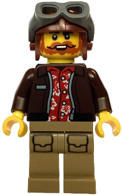 Preowned LEGO® Minifigure – Town cty1767 City Jungle Pilot - Dark Brown Jacket over Red Shirt, Dark Tan Legs, Reddish Bro