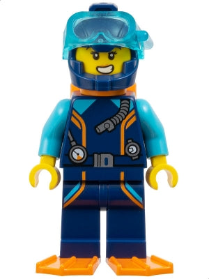 Preowned LEGO® Minifigure – Town cty1768 Arctic Explorer Diver - Female, Dark Blue Diving Suit and Helmet, Orange Air Tan