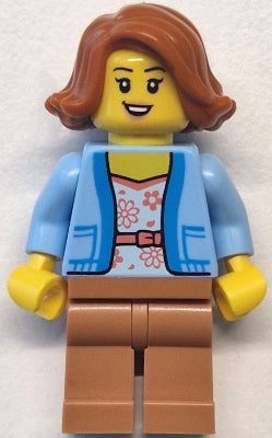 Preowned LEGO® Minifigure – Town cty1770 Bus Passenger - Female, Bright Light Blue Jacket over White Shirt with Coral Flo