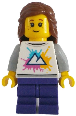Preowned LEGO® Minifigure – Town cty1782 Tram Passenger - Female, White Shirt with Mountains Logo, Dark Purple Medium Leg