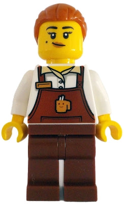 Preowned LEGO® Minifigure – Town cty1785 Barista - Female, Reddish Brown Apron with Cup and Name Tag, Reddish Brown Legs