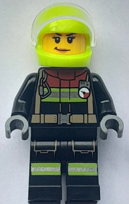 Preowned LEGO® Minifigure – Town cty1794 Fire - Female, Black Jacket and Legs with Reflective Stripes and Red Collar, Neo