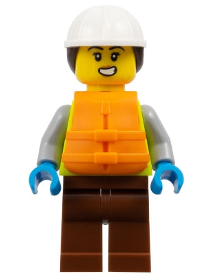 Preowned LEGO® Minifigure – Town cty1795 Dock Worker - Female, Neon Yellow Safety Vest, Reddish Brown Legs