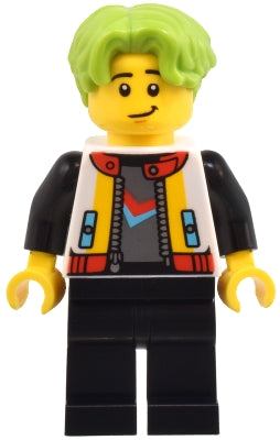 Preowned LEGO® Minifigure – Town cty1800 Robot World Patron - Male, White Jacket, Black Legs, Lime Hair