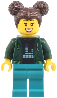 Preowned LEGO® Minifigure – Town cty1801 Robot World Patron - Female, Dark Green Hoodie, Dark Turquoise Legs, Dark Brown