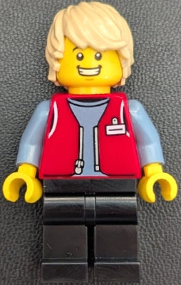 Preowned LEGO® Minifigure – Town cty1810 Forklift Driver - Male, Red Vest over Sand Blue Shirt, Black Legs, Tan Hair