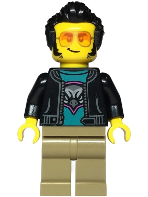 Preowned LEGO® Minifigure – Town cty1814 Sports Car Driver - Male, Black Jacket over Dark Turquoise Shirt with Hawk Head